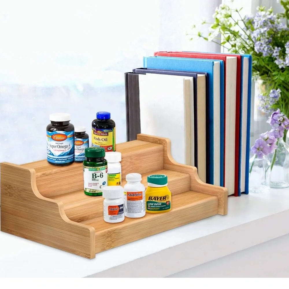 Spice Rack Kitchen Cabinet Organizer- 3 Tier Bamboo Expandable Display Shelf